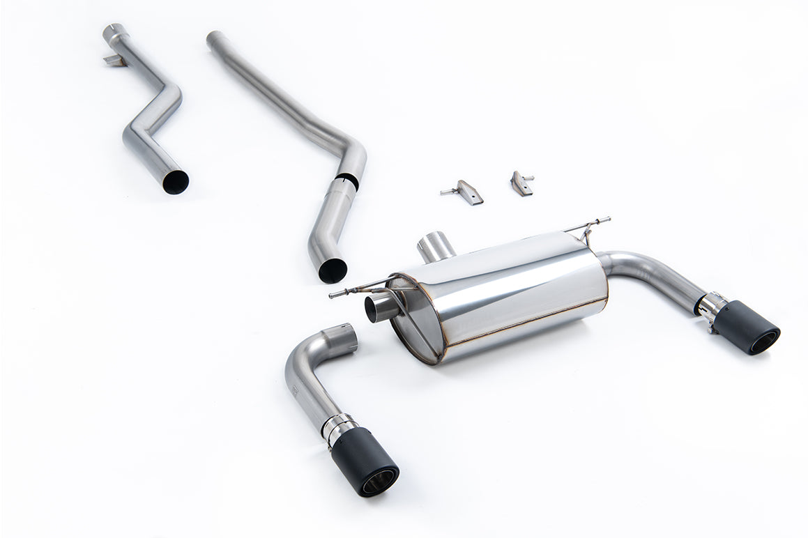Milltek Sport Cat-back - BMW 3 Series F30 320i M Sport Saloon (LCI models None xDrive Non-OPF & B48 Engine) - Race Non-Res Dual Outlet (Required M340i Rear Valance) Carbon Fibre Jet-90 Trims