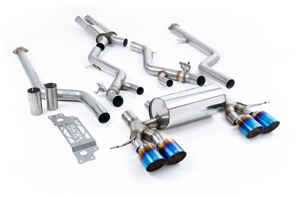 Milltek Sport Cat-back - BMW 2 Series M2 Coupe (G87 S58 NAS Non-OPF/GPF Models) - Cat Back System - Resonated with GT-115 Burnt/Blue Titanium Trims (Removes Secondary Cats)