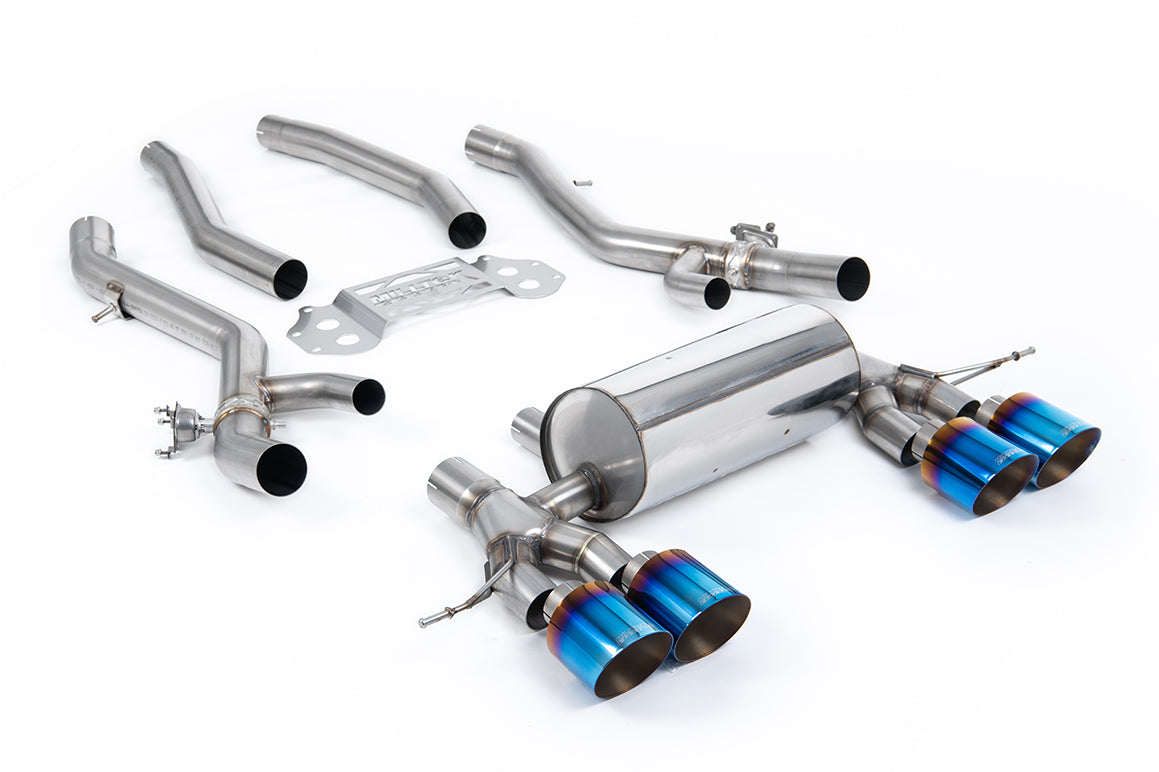 Milltek Sport Particulate Filter-back - BMW 3 Series / BMW 4 Series - OPF/GPF Back with Centre Resonator Bypass System with GT-115 Burnt/Blue Titanium Trims (OE Requires Cutting)