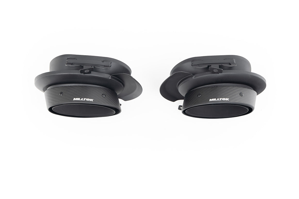 Milltek Sport Tips - Porsche 911 992.1 3.0T Carrera S GTS & Dakar (2wd & 4wd Models) OPF/GPF Equipped Only - Oval Replacement Carbon Fibre Tips with Milltek Logo - Only fits Vehicles with factory Oval Tips and works with OE and Milltek Systems