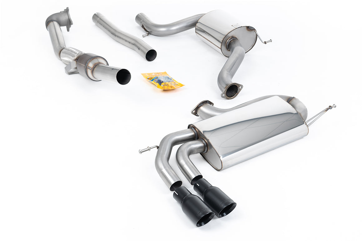 Milltek Sport Turbo-back including Hi-Flow Sports Cat - Volkswagen Golf - 3-inch Race System. Resonated (quieter). Cerakote Black Tips