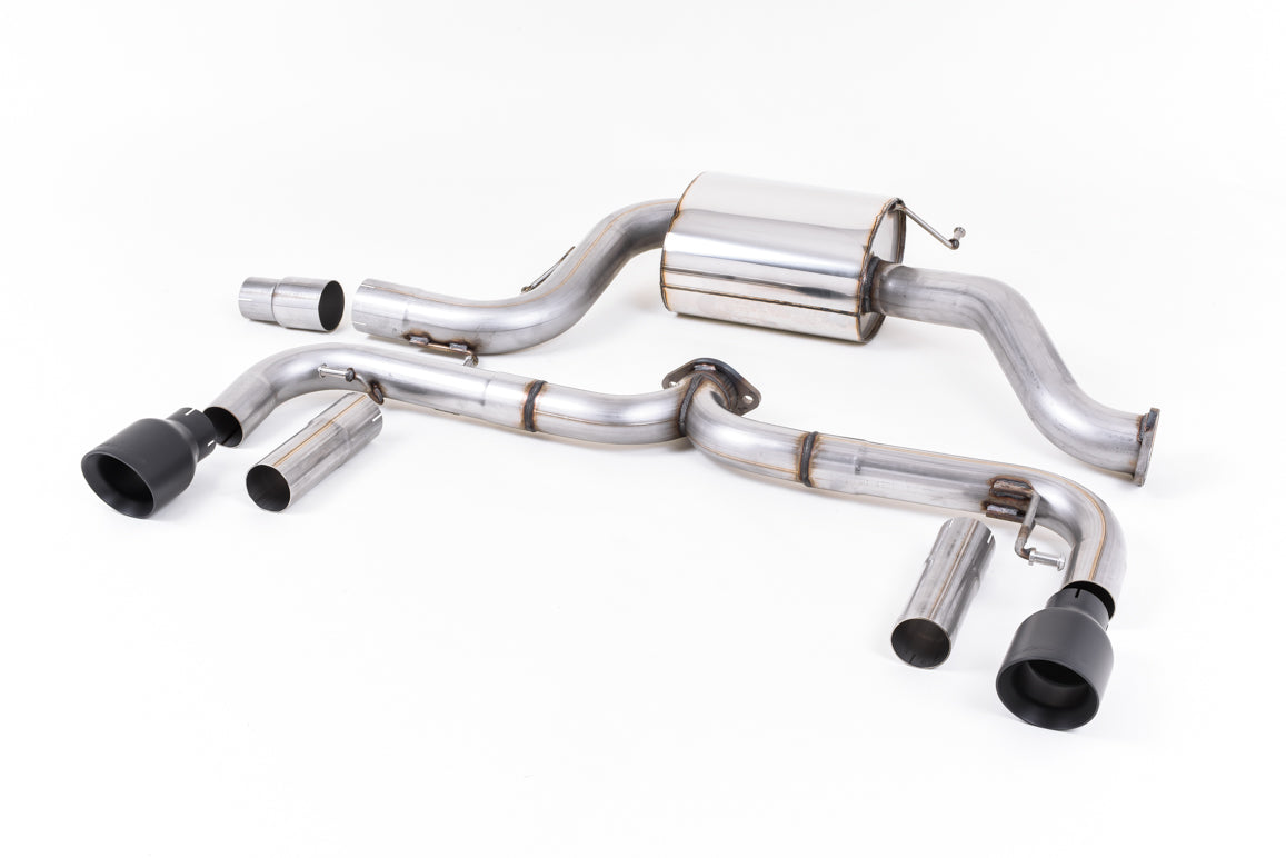 Milltek Sport Cat-back - Volkswagen Beetle 2.0 TSI (A5 Chassis) - Non-resonated (louder). Cerakote Black Tips. Only for vehicles without the factory Front silencer seen on cars with V-band fitment turbo flange.
