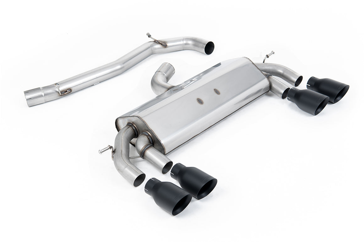 Milltek Sport Cat-back - Volkswagen Golf MK7 R 2.0 TSI 300PS (ECE Approved & 76.2mm Systems) - Non-Valved Race System. Non-resonated (loudest). Cerakote Black GT-100 Round Trims