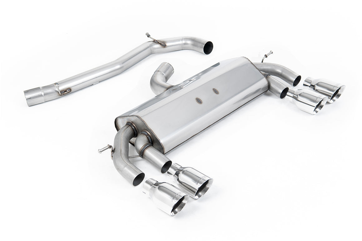 Milltek Sport Cat-back - Volkswagen Golf MK7 R 2.0 TSI 300PS (ECE Approved & 76.2mm Systems) - Non-Valved Race System. Non-resonated (loudest). Polished GT-100 Round Trims