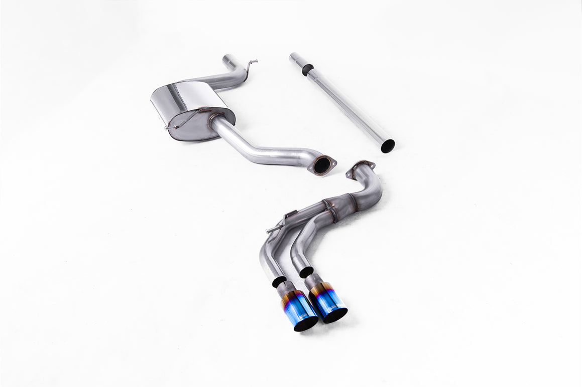 Milltek Sport Cat-back - Volkswagen Golf Mk7.5 1.5TSI Evo GT & R-Line (Both GPF/OPF & Non GPF/OPF Models) - Cat Back Non-Resonated (louder) GTD Twin Outlet Style with Burnt Titanium Trims - Requires Golf Mk7.5 GTD Rear Valance